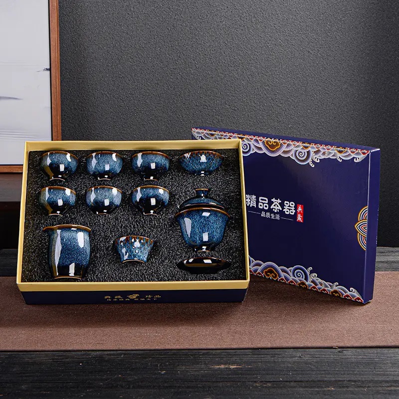 【汀和大福】窯變古龍拉絲天目釉建盞1壺1茶海6茶杯茶具套裝 【汀和大福】窯變古龍拉絲天目釉建盞1壺1茶海6茶杯茶具套裝