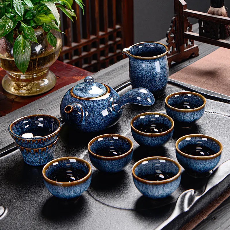 【汀和大福】窯變古龍拉絲天目釉建盞1壺1茶海6茶杯茶具套裝 【汀和大福】窯變古龍拉絲天目釉建盞1壺1茶海6茶杯茶具套裝