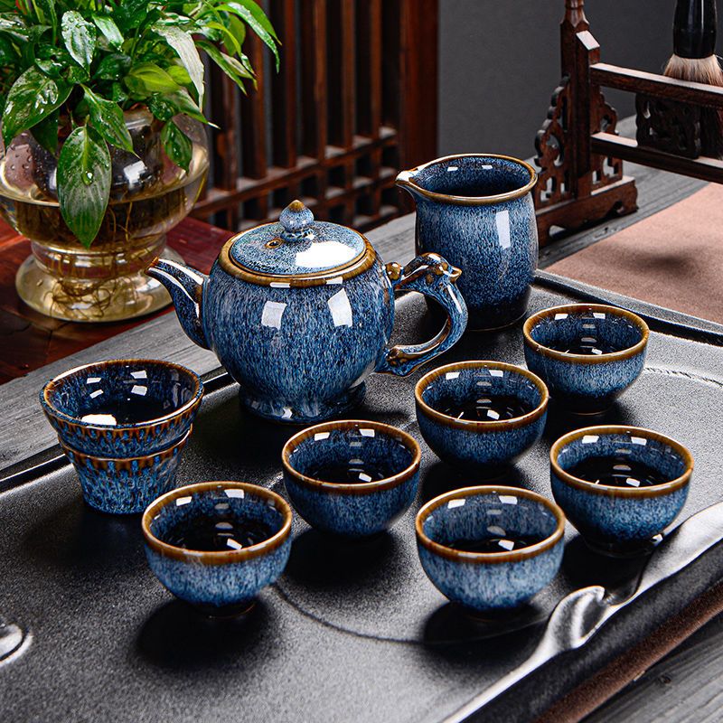 【汀和大福】窯變古龍拉絲天目釉建盞1壺1茶海6茶杯茶具套裝 【汀和大福】窯變古龍拉絲天目釉建盞1壺1茶海6茶杯茶具套裝