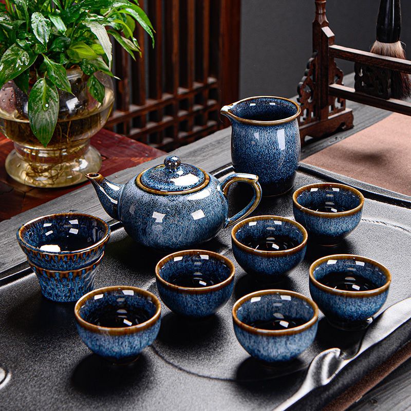 【汀和大福】窯變古龍拉絲天目釉建盞1壺1茶海6茶杯茶具套裝 【汀和大福】窯變古龍拉絲天目釉建盞1壺1茶海6茶杯茶具套裝