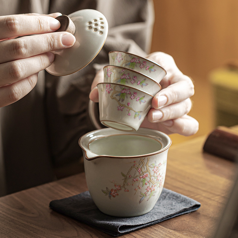 【汀和大福】米黃汝窯快客杯粉桃迎春旅行茶具套裝便攜式